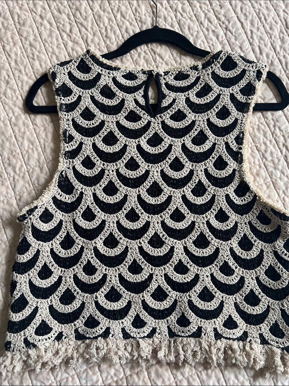 Mango Black and Cream Crochet Fringe Crop Top - Picture 4 of 5